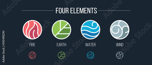 Four elements harmony astrology ecology fire water wind earth icons set vector logo