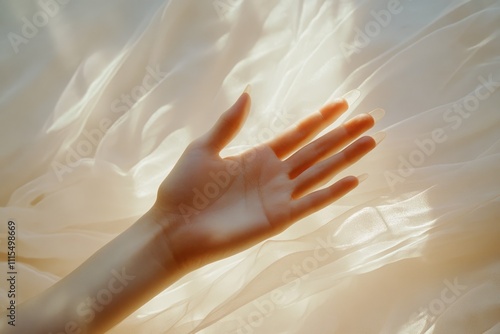 A hand with long nails rests on sheer  cream colored fabric  bathed in sunlight. photo