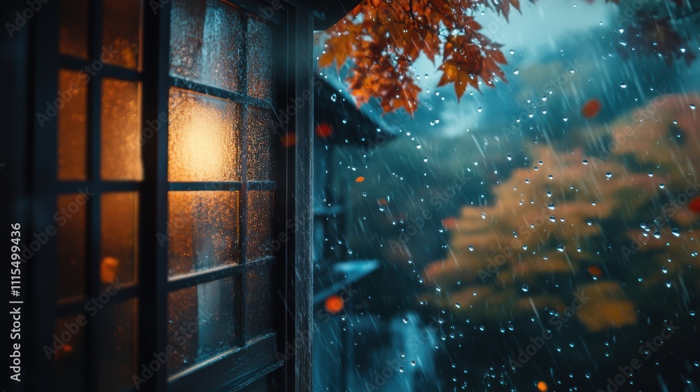 Obraz premium Rainy Autumn Evening Illuminated Window, Japanese House, Maple Leaves