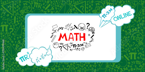 Math. Horizontal banner. Presentation, website. Isolated lettering typography idea with icons. Algebra, geometry, statistics, basic maths. Interesting creative funny math for kids. Vector illustration