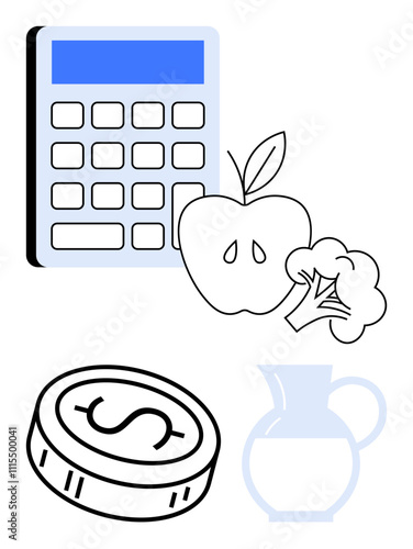 Calculator beside apple, broccoli, coin, and jug. Ideal for budgeting, nutrition planning, healthy lifestyle, meal prep cost analysis dietary programs financial education. Line metaphor