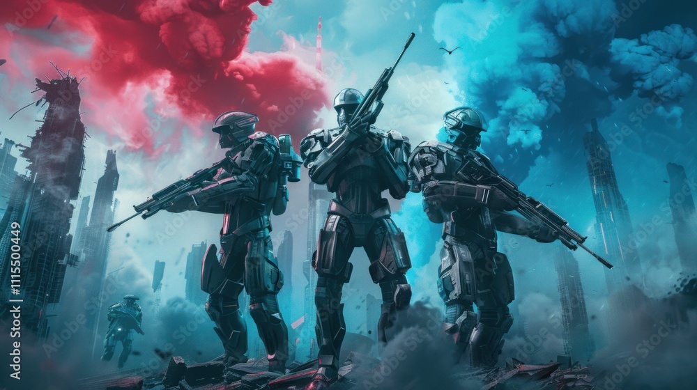 Fototapeta premium Futuristic Soldiers in a Post-Apocalyptic City