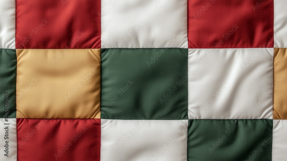 Obraz premium A colorful quilt featuring a patchwork of red, green, yellow, and white squares, showcasing a cozy and inviting textile design.
