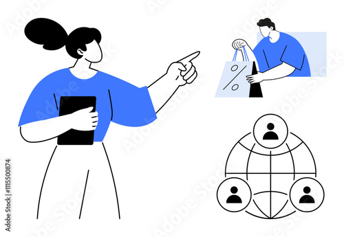 Woman holding tablet pointing at icon, man with discount shopping bag, globe with connected people. Ideal for business, communication, marketing, online shopping, networking, teamwork global