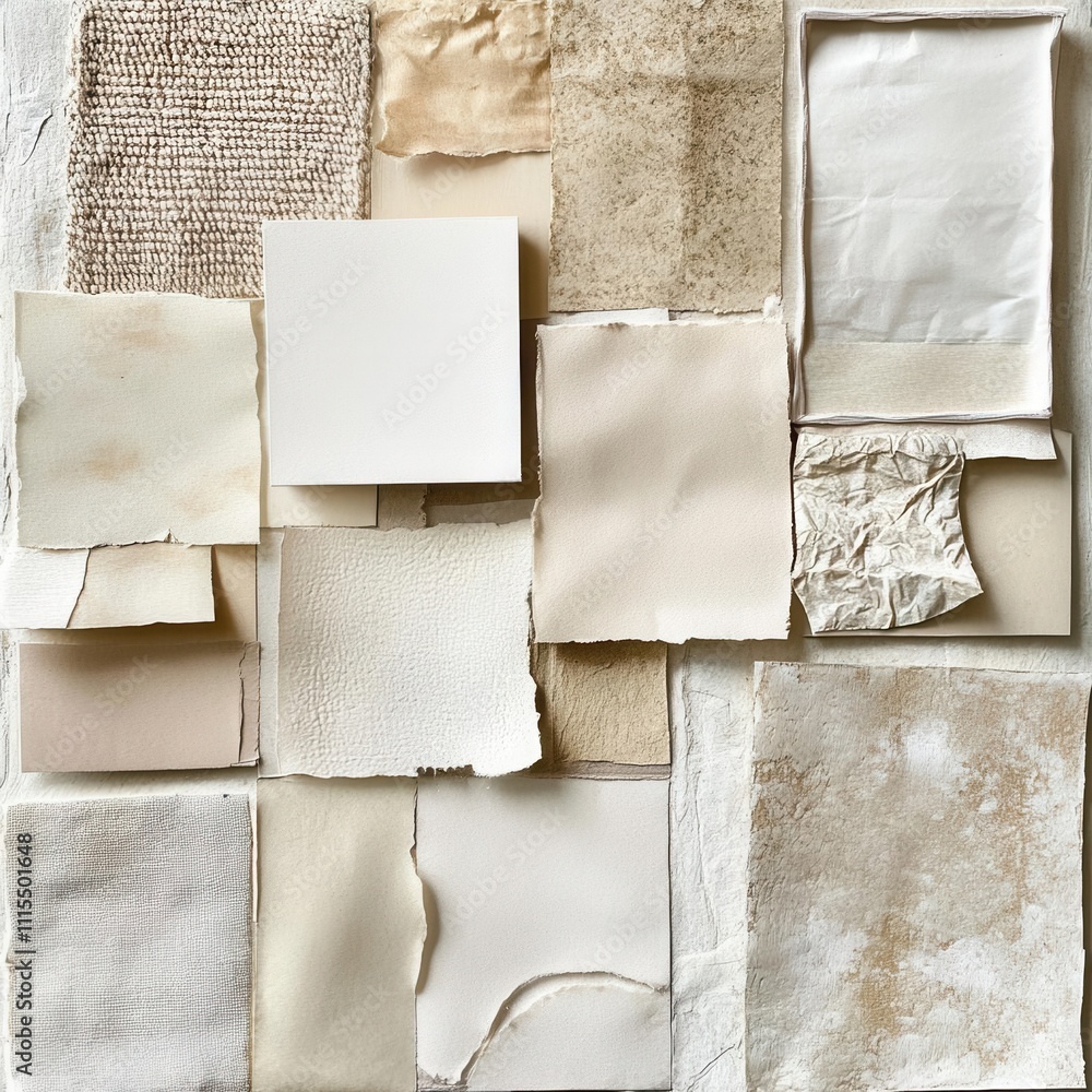 Fototapeta premium Abstract collage of paper and fabric textures, soft neutral tones, organic arrangements for artistic mood boards and creative inspiration
