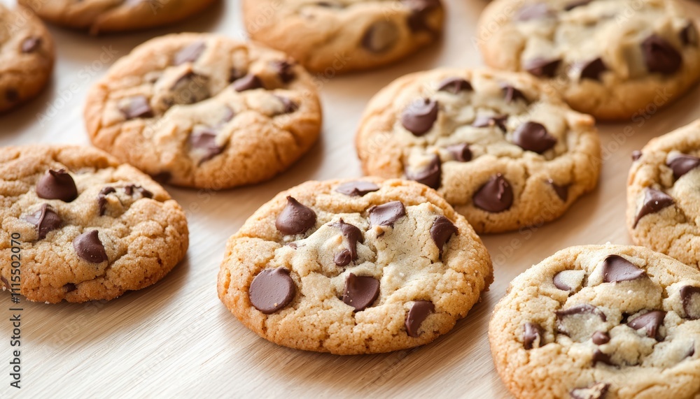 A close-up of freshly baked chocolate chip cookies arranged neatly on a wooden surface. A close-up of freshly baked chocolate chip cookies arranged neatly on a wooden surface.