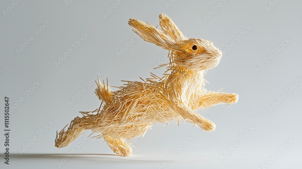 Fototapeta premium Dynamic toothpick rabbit sculpture leaping in minimalist display studio environment conceptual art close-up view