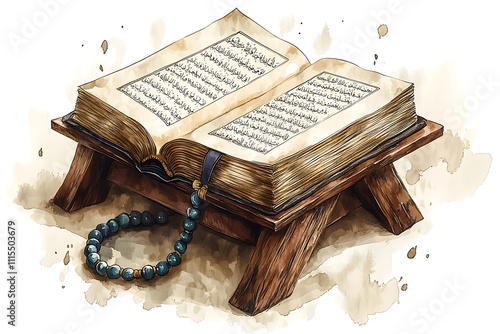 Ornate Quran Open on a Wooden Stand, Watercolor Illustration