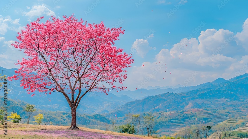 Pink blossom tree on a hilltop overlooking a vast mountain range under a bright blue sky. Pink blossom tree on a hilltop overlooking a vast mountain range under a bright blue sky.