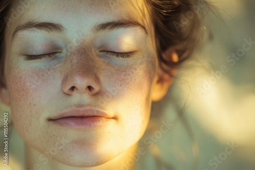 Close up of a young woman's face  eyes closed  freckles visible  bathed in warm sunlight.