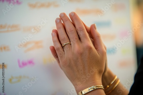 Woman's hands with gold ring and bracelets on colorful background.