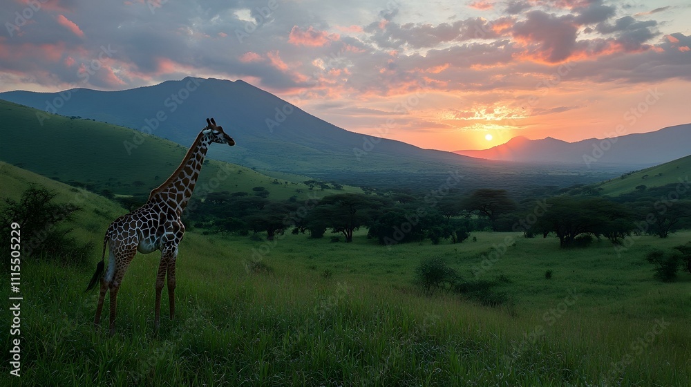 Fototapeta premium Giraffe silhouetted against a vibrant sunset over African savanna. Majestic wildlife scene.