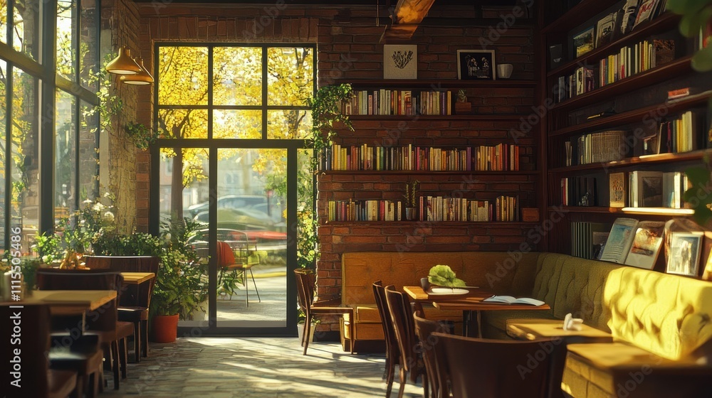 Cozy Cafe with Book Shelves Cozy Cafe with Book Shelves