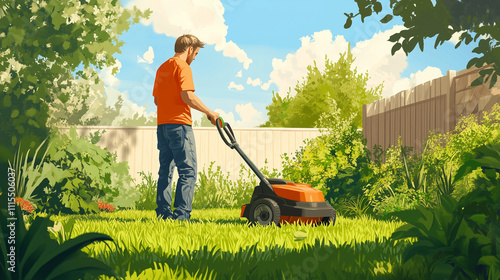 Man trimming overgrown green lawn with electric mower in garden, gardener using lawn trimmer, while landscaping