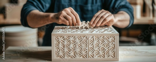 Woodworker creating a Japanesestyle puzzle box with intricate sliding mechanisms, precision woodworking, mystery in design photo