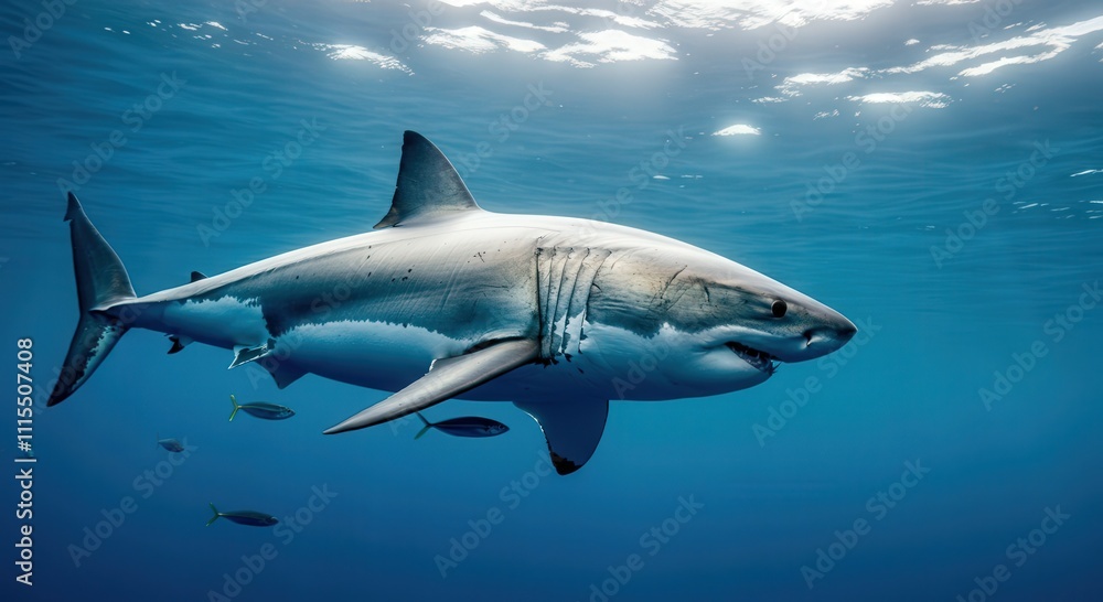Obraz premium Majestic great white shark gliding effortlessly through crystal clear ocean waters