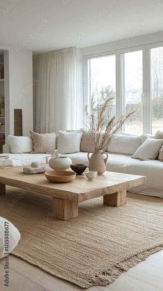 Fototapeta premium Minimalist Living Room With Neutral Decor And Natural Textures