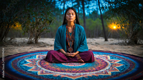 A powerful shaman woman in deep meditation before a mandala