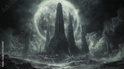 monolithic alien spires rise from a desolate landscape under a luminous full moon