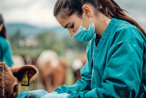 A veterinarian examines a calf in a rural setting, highlighting animal care and health. photo