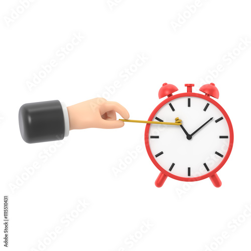 Stop time concept. Business metaphor.3D illustration flat design. Businessman in suit push back hour hand. Deadline. Time management.Supports PNG files with transparent backgrounds. photo