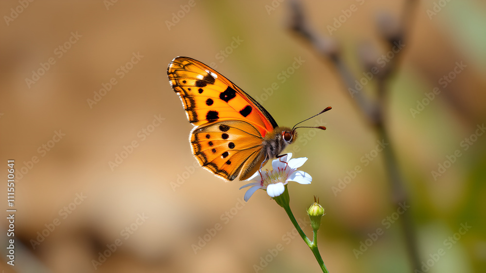 Obraz premium A bright orange butterfly with black patterns resting on a small white flower, against a blurred natural background.