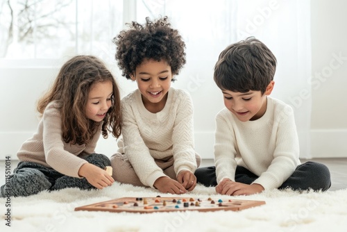 Children playing board game together  showing teamwork and fun. photo