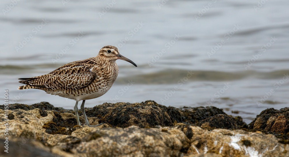 Obraz premium Curlew bird on rocky shoreline in natural coastal habitat scene