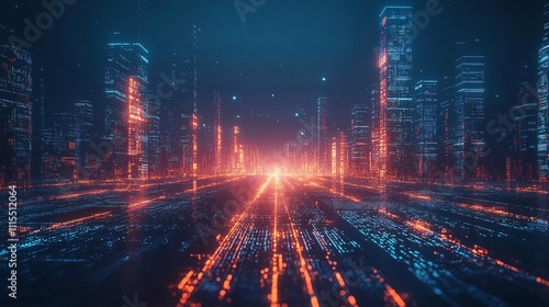 Futuristic digital cityscape at night, illuminated by vibrant lights and modern architecture, representing innovation, technology, and urban progress in a connected digital era.