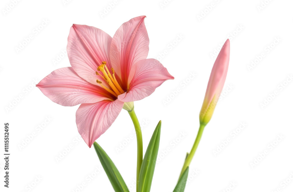 Obraz premium Delicate pink flower with vibrant petals and green foliage, accompanied by a budding bloom, ideal for design use on white transparent background or PNG