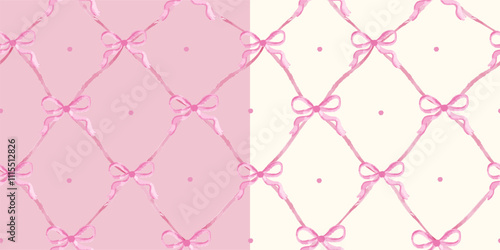 Set of Vector seamless pattern featuring charming fuchsia bows with a loose style on a pink vertical stripes background. Girly pattern perfect for bedroom decoration, prints with coquette style.
