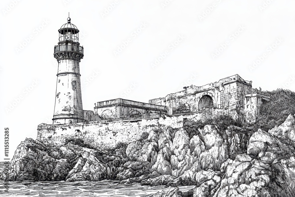 Obraz premium Monochrome Lighthouse on Coastline with Ocean Background