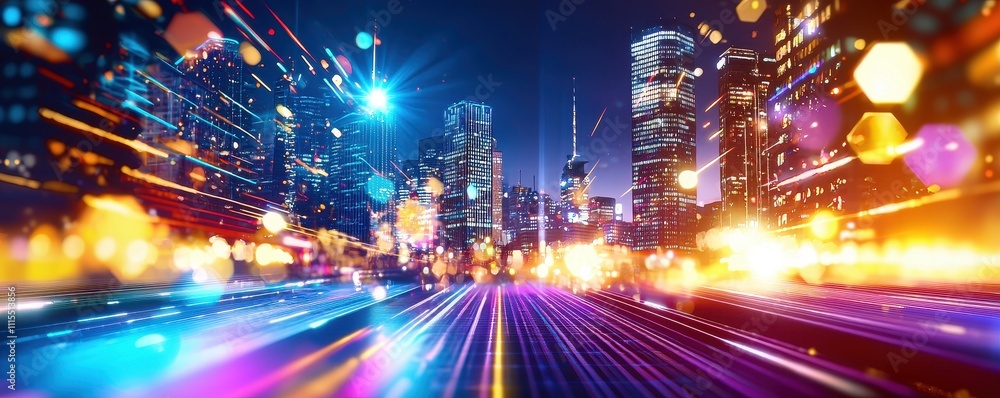 Naklejka premium Vibrant Night Cityscape with Colorful Lights and Motion Blur Effects