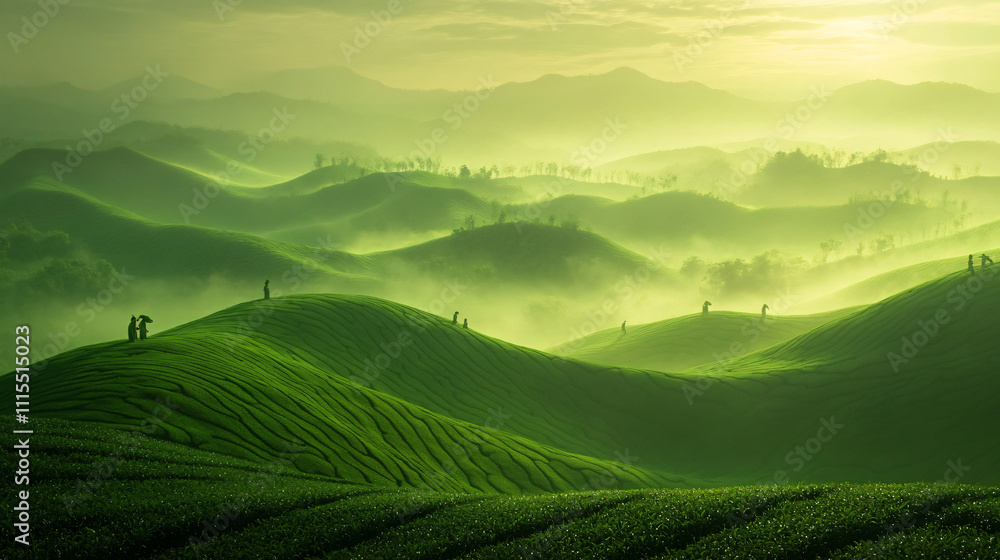 A green tea plantation on rolling hills with workers picking leaves under a misty morning sky. A green tea plantation on rolling hills with workers picking leaves under a misty morning sky.