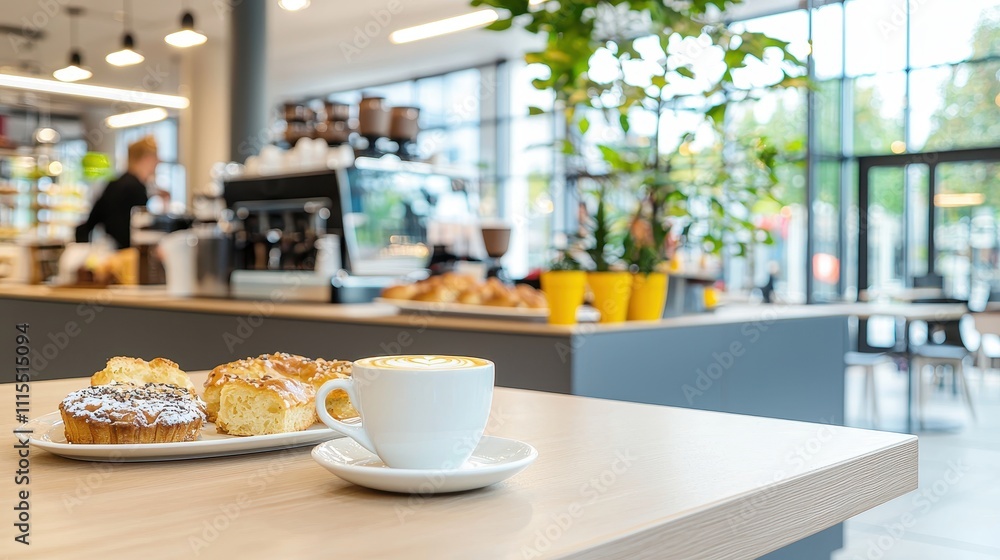 Fresh Coffee and Pastries on Table in Modern Cafe Setting Fresh Coffee and Pastries on Table in Modern Cafe Setting