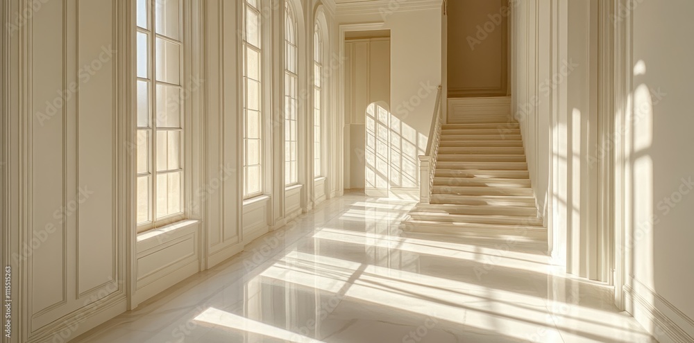 Fototapeta premium Sunlit Hallway With Elegant Staircase And Large Windows