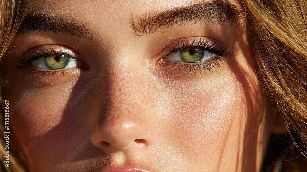 Fototapeta premium Close-Up Portrait of a Young Woman with Striking Green Eyes and Freckles