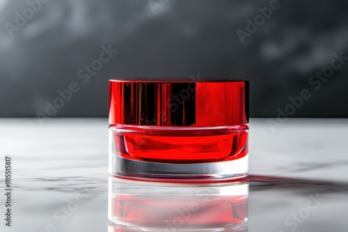 Elegant Red Cosmetic Jar on Marble Surface with Soft Focus Background photo