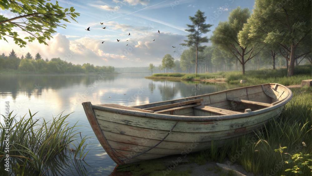 Obraz premium Vintage rowboat on peaceful lake surrounded by lush trees and reeds, idyllic countryside view