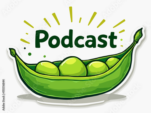 Engaging podcast logo design featuring a green pea pod with vibrant colors and playful elements photo