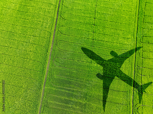 Shadow airplane flying above green field. Sustainable fuel. Biofuel in aviation. Sustainable transportation and eco-friendly flight with biofuel use. Aviation sustainability. Biofuel in air travel. photo