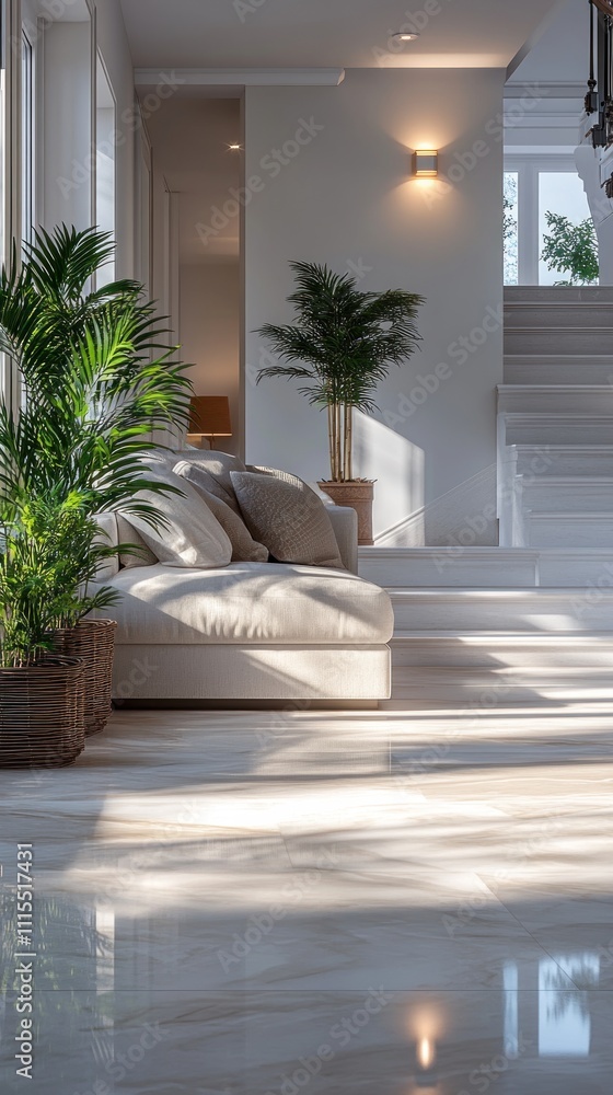 Fototapeta premium Modern Living Room Interior Design With Plants And Sunlight