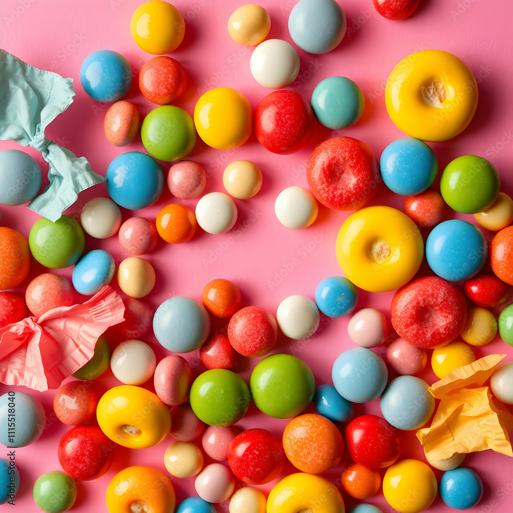 A top view colorful candies composition of different colored sweet and delicious candies on pink desk A top view colorful candies composition of different colored sweet and delicious candies on pink desk