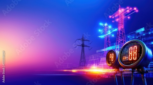 Colorful Electric Power Grid with Digital Meter and Transmission Towers