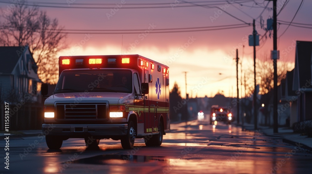 Obraz premium Ambulance responding to accident scene with calm ambiance city street emergency image evening light dynamic perspective