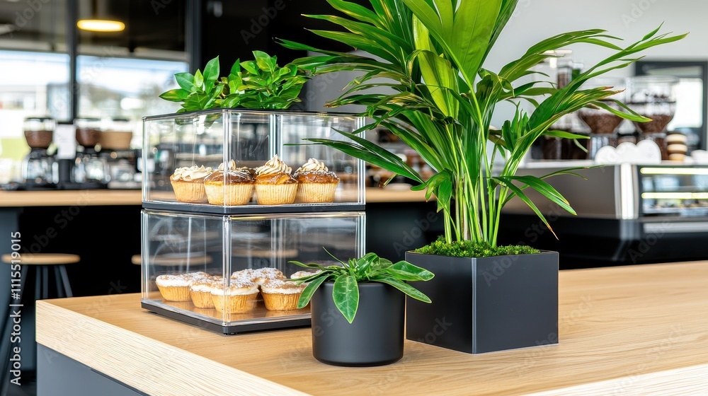Fototapeta premium Modern Bakery Display with Cupcakes and Indoor Plants in Cafe