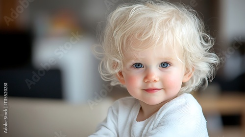 Charming toddler portrait joyful expression in soft lighting home interior photography