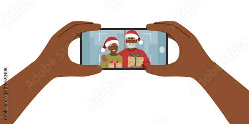 Person taking a photo of seniors couple in Santa hats. Christmas celebration and family concept. Hands with phone camera. Vector clipart.