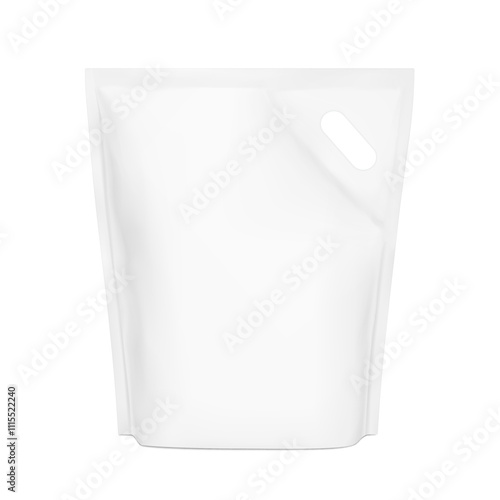 Standing pouch bag with handle mockup for cat litter. Front view. Vector illustration isolated on white background. Ready for use in presentation, promo. EPS10.