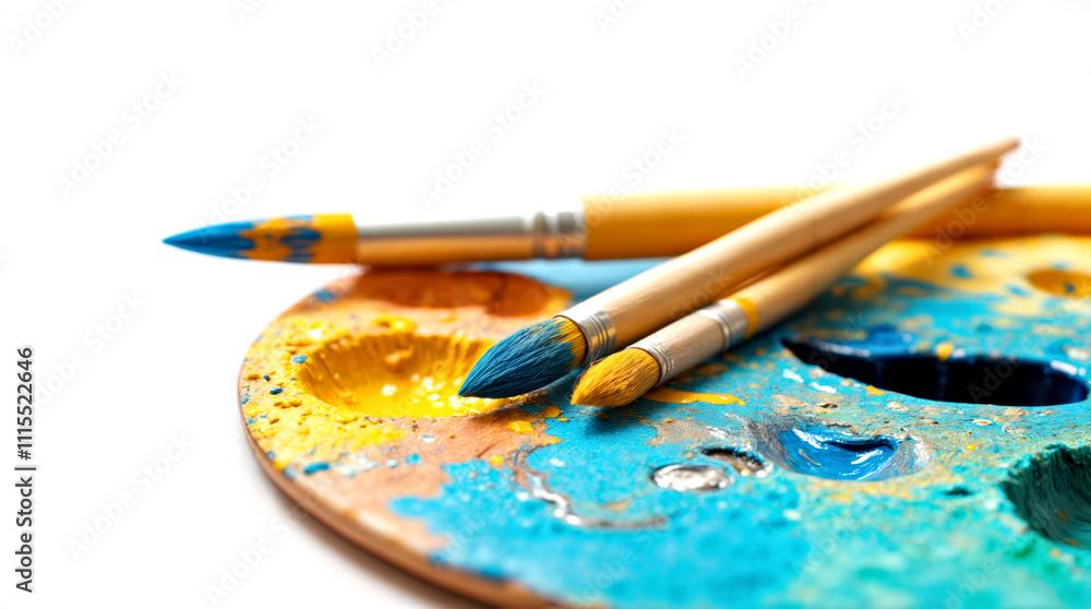 Fototapeta premium Vibrant Paint Palette and Brushes for Artistic Creativity in Stock Photography